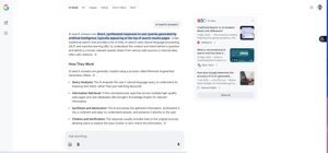 A screenshot of a Google search results page for “AI search answers.” The page highlights a definition explaining AI search answers as “direct, synthesized responses to user queries generated by artificial intelligence, typically appearing at the top of search result pages.” Below, bullet points describe how AI search works, including query analysis, information retrieval, synthesis and generation, and citation and verification. On the right, there are related articles and media links from various publishers. The search input field and Google interface elements are visible.